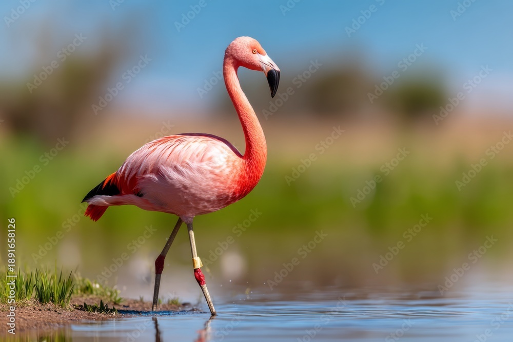 Fototapeta premium Elegant Flamingo Standing Motionless in Calm Shallow Water Under Blue Sky