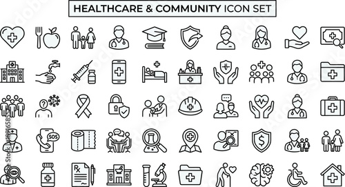 Healthcare Community Wellness Outline Icons Vector Set – Medical Clinic Patient Prevention Support Public Health Care Hospital Nurse Thin Icon Pack UI Web App