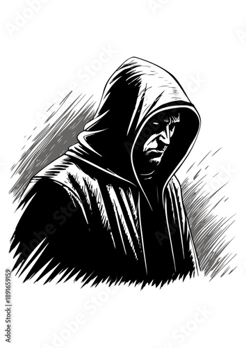 Mysterious Hooded Figure in Dark Mood Illustration