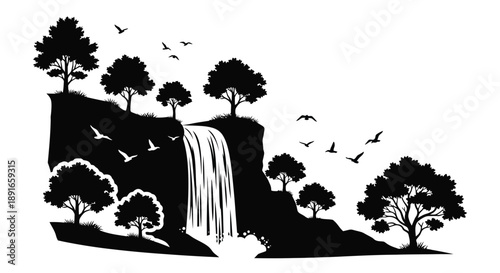 A black and white illustration of a waterfall cascading from a cliff