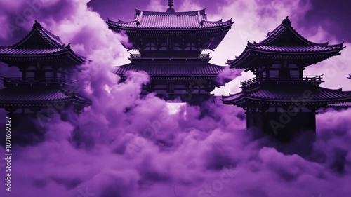 Stylized mysterious swirling violet fog and smoke dramatically rolling through dark traditional stylized Japanese architectural structures vivid color, haunted, horror