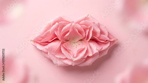Soft pink rose petals arranged creatively into lips shape, glamour, beauty, Valentine's Day, romance, floral design on gradient background