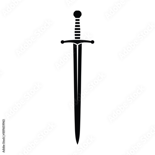 A stark black silhouette of a medieval longsword vertically oriented