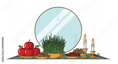 Traditional nowruz haft seen table setting with mirror candles apples and sabzeh