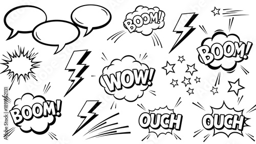 Black and white comic speech bubbles with sound effects like BOOM WOW and lightning bolts on isolated white background