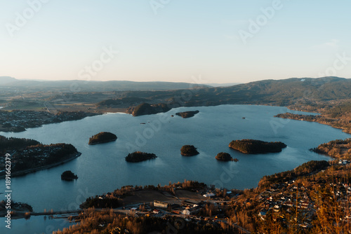 Sunset view of Steinsfjorden lake with Braksøya and Svinøya islands from Kongens Utsikt, Norway