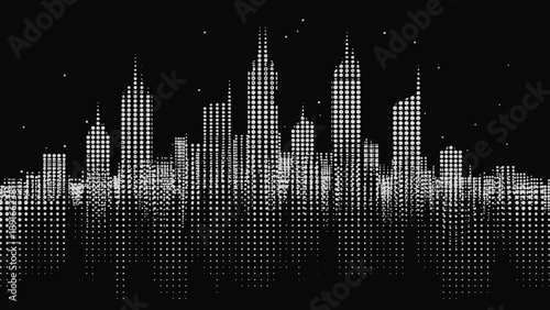 Modern City Skyline Silhouette in Halftone Dot Pattern on Dark Background