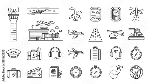 Comprehensive set of airport and travel related line icons with luggage, passport, and flight elements, isolated white background.