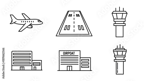 Collection of airport and aviation line icons including airplane, runway, control tower, and terminal buildings, isolated white background.