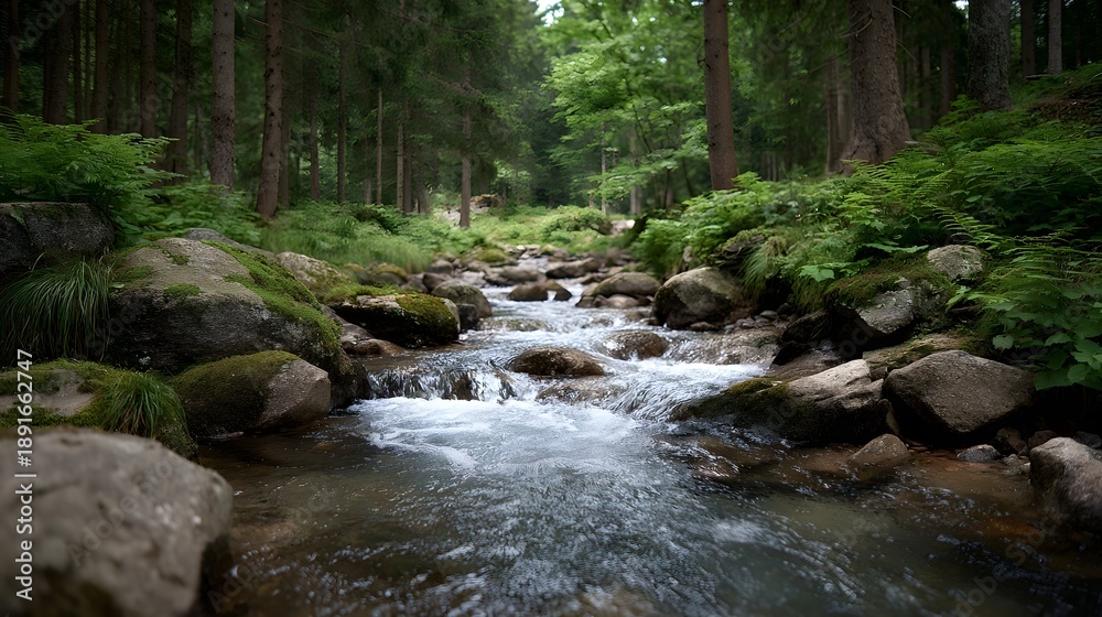 Obraz premium A cool stream with clear water flows over moss covered rocks in a dense lush green forest with tall pine trees