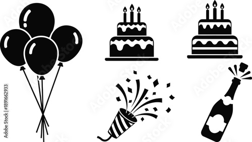 Black icons of balloons cakes party popper and champagne bottle for celebration