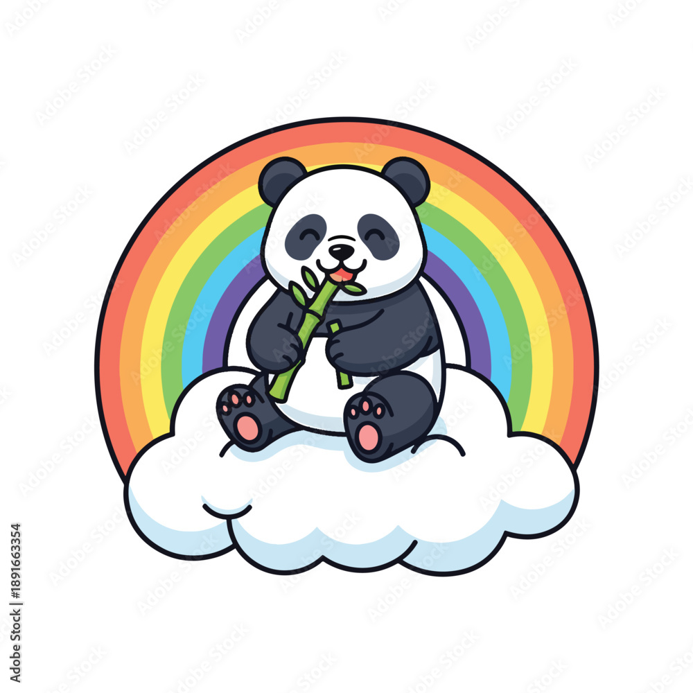 Obraz premium Cute Cartoon Panda Bear Enjoying Bamboo While Sitting on a Cloud with a Colorful Rainbow Illustration