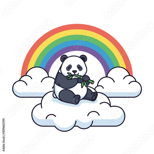 Adorable cartoon panda happily eating bamboo on a fluffy cloud under a vibrant rainbow