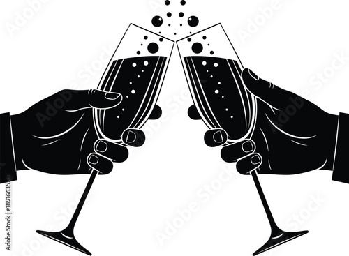 Two hands clinking champagne glasses in celebration toasting with bubbles