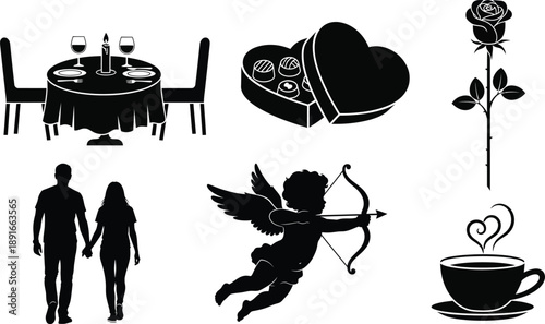 Valentine's day symbols and romantic icons in black silhouette on white background