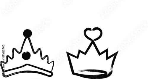 Hand drawn crowns in black and white sketch style for princess and queen concepts