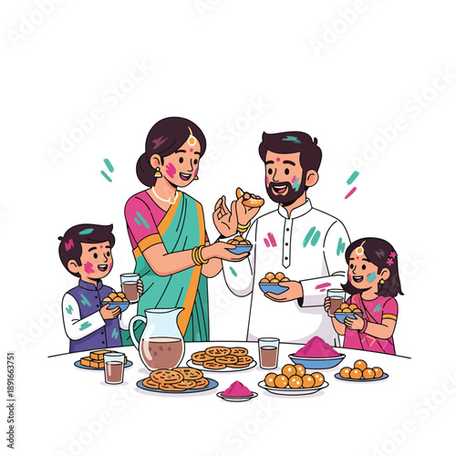 Joyful South Asian Family Celebrating a Vibrant Festival with Traditional Food and Drinks, Vector Illustration