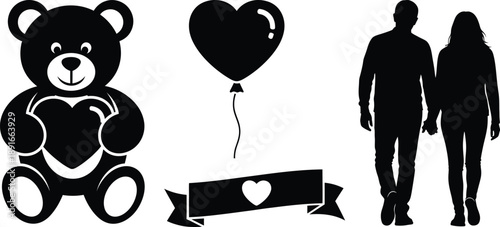Black silhouettes of couple teddy bear heart balloon and banner on white