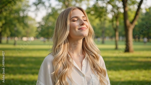 Young blonde woman enjoying fresh air and sunshine in a green park. Happy female with closed eyes relaxing outdoors. Mental health and wellness concept