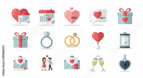 Collection of wedding and love-themed icons and symbols.