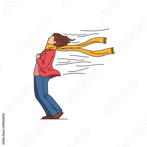 Illustration of a person battling strong winds outdoors; hair and scarf blown dramatically by severe weather conditions.