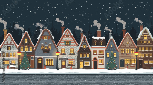 Vector illustration of a charming European Christmas town border with a cobblestone street lined with old stone houses, steeply pitched roofs