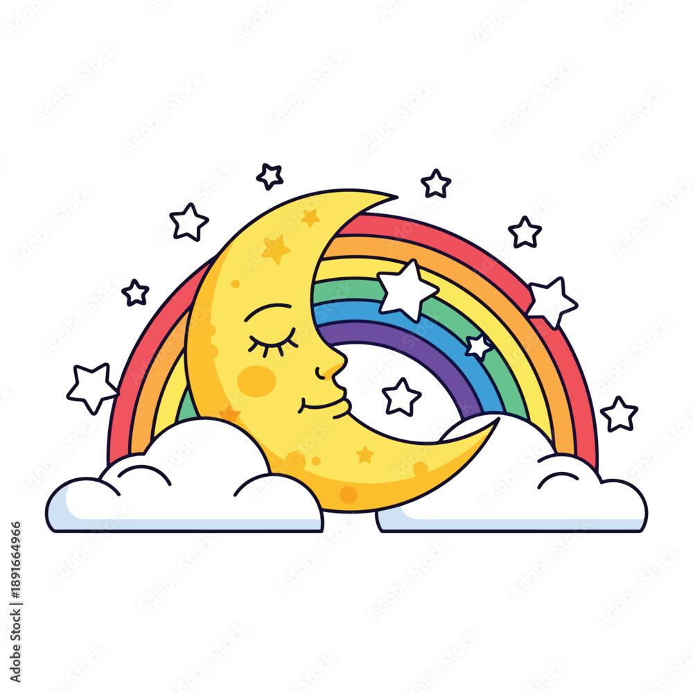 Fototapeta premium Peaceful Sleeping Crescent Moon with Rainbow, Stars, and Fluffy Clouds in a Dreamy Sky Illustration