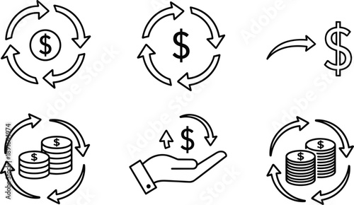 Money cycle line icons set, financial flow, cash circulation, investment return, profit growth, business finance, modern vector illustration