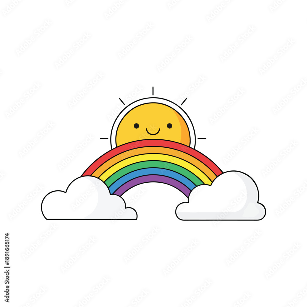 Naklejka premium Cheerful Sun Rising Over Vibrant Rainbow and Clouds - Cute Vector Illustration