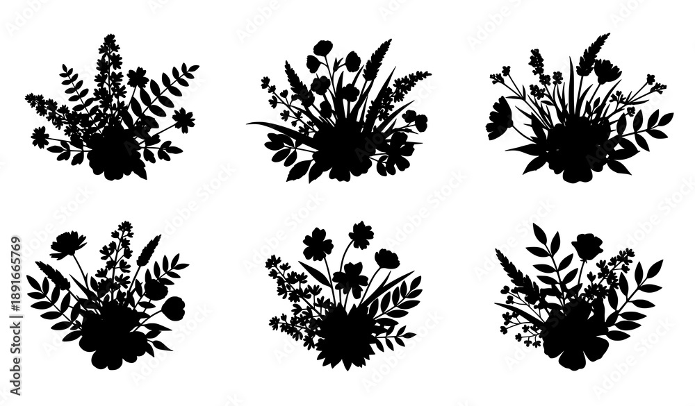 Fototapeta premium Handcrafted wildflower and garden plant bouquet vector silhouettes
