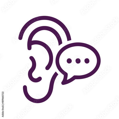 Listening ear vector icon with speech bubble, communication line art symbol isolated