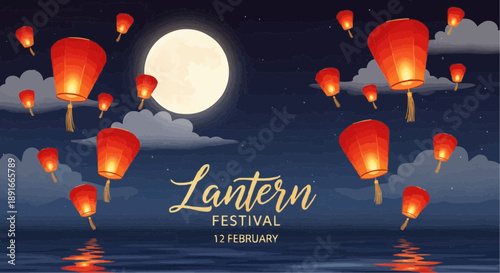 Lantern festival illustration with red lanterns floating on water under a full moon on a serene night sky with clouds
