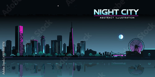 A retro style night cityscape illustration with vibrant neon and reflections
