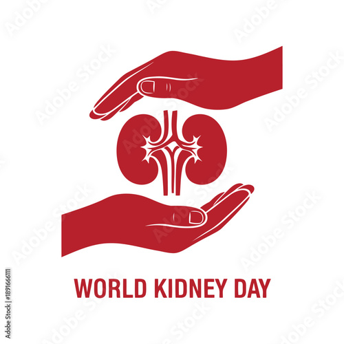 Foto World Kidney Day vector illustration with red hands protecting kidney organ symb
