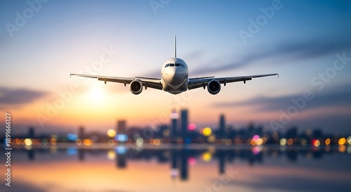 Airplane flying over city skyline at sunset
