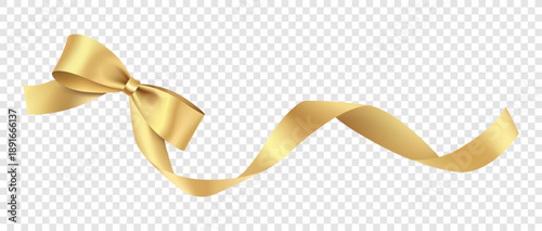 Decorative golden bow with long yellow ribbon isolated on transparent background made in realistic style. Vector illustration.