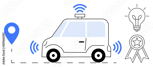 Smart vehicles, GPS navigation, innovation, connectivity, driverless technology, transportation. Self-driving car with GPS marker, signals lightbulb and achievement icon. Autonomous vehicles