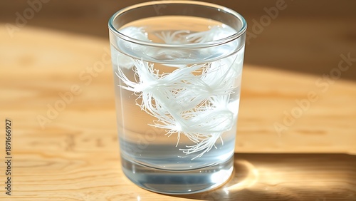 psyllium. A glass of water with psyllium husk fibers creating organic swirls, lit from the side on a wooden table. bar promotions, beverage menus, designed for product packaging and bar promotions.