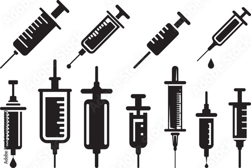 Medical syringes and vials set isolated on white background for healthcare, vaccination, and injection concept
