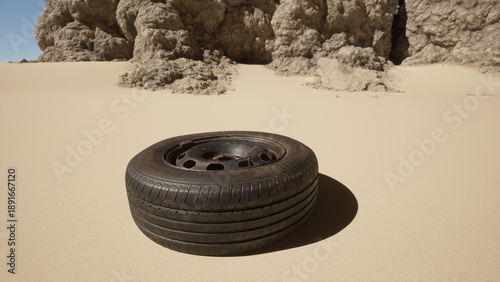 Photos An old tire lies alone on a stretch of golden sand, surrounded by rugged rocks under a bright blue sky