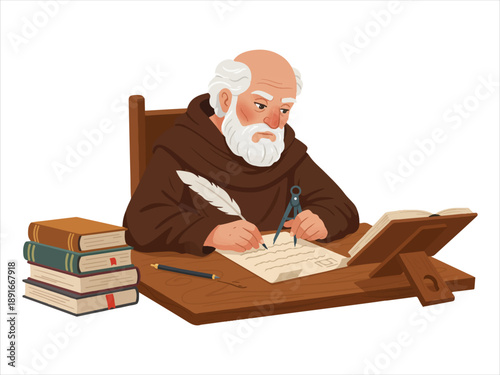 Medieval monk sitting at desk writing with quill pen and inkwell surrounded by books