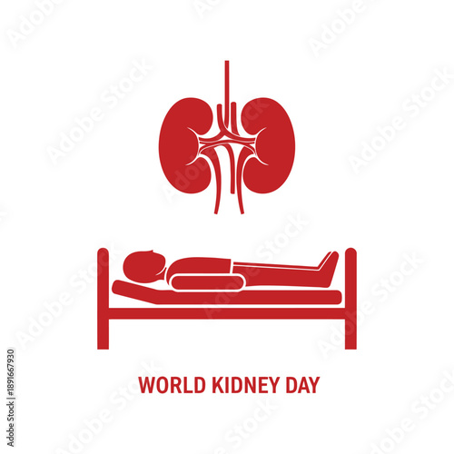 World Kidney Day vector illustration with patient in hospital bed and red kidney icon