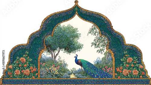Elegant traditional Indian decorative arch frame with intricate patterns, featuring a lush garden scene and a majestic peacock, detailed ornamental design 