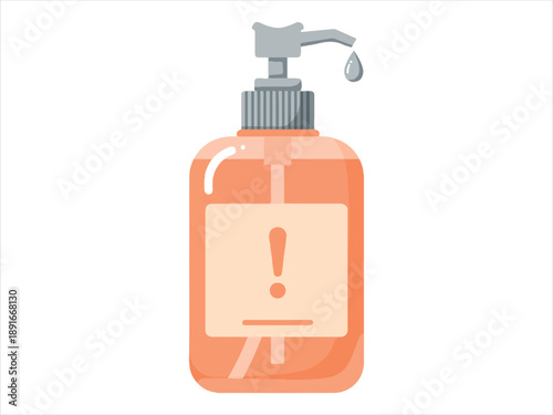 Orange hand sanitizer bottle with gray pump and exclamation mark label isolated on white background