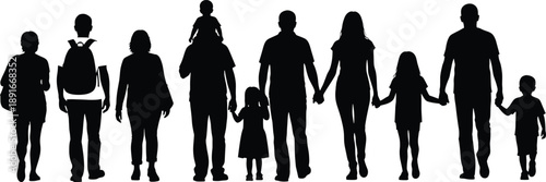 Black silhouettes of people walking alone and together holding hands people, silhouettes, black, white background, walking, holding hands, adults, children, family, group, alone, together, casual, var