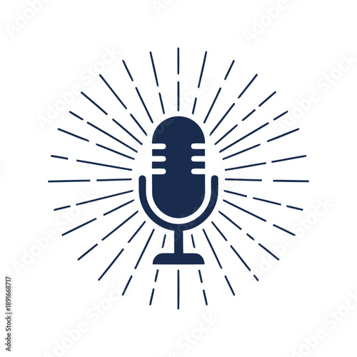 Retro microphone vector icon with sunburst rays for podcast, radio, music, and audio design