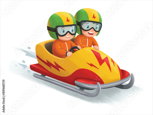Two cartoon characters riding a bobsled with yellow and red body green helmets and orange suits isolated on white background