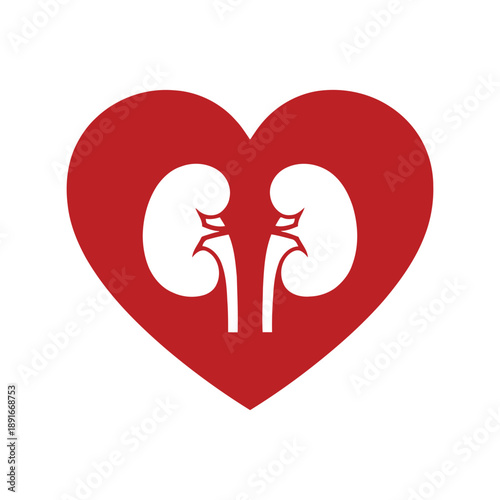 Kidney health care vector illustration with red heart and kidneys medical symbol