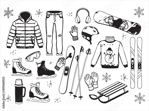 Winter sports equipment and clothing for skiing and snowboarding outdoors recreational activities  snowboard skis goggles helmet gloves