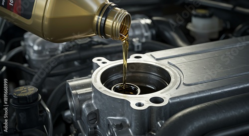 Golden engine oil poured into car engine, close-up, auto maintenance, lubricant fluid